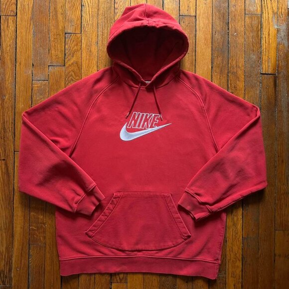 Vintage Y2K Nike Sportswear Hoodie Sweatshirt Men Size XL Red White Velvet Logo - Picture 1 of 6